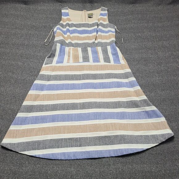 Taylor Dress Womens 4 Blue Tan White Striped Sleeveless Midi Lined Summer Casual - Picture 1 of 10